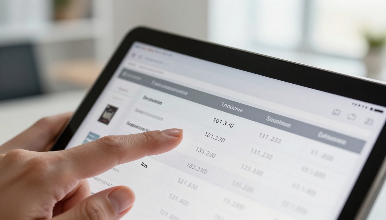 Extreme close-up of a tablet screen showing digital price list with product thumbnails, feminine hand swiping to turn the page