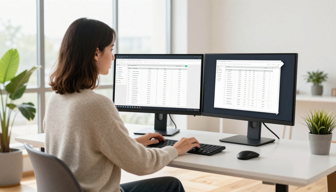 Modern e-commerce entrepreneur at standing desk with dual monitors, left showing PDF document, right showing vibrant interactive flipbook