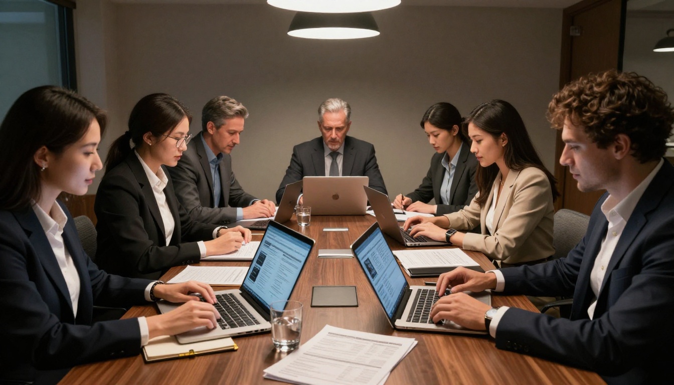 Diverse professional business team gathered around a conference room table reviewing printed price lists and laptops showing digital flipbooks