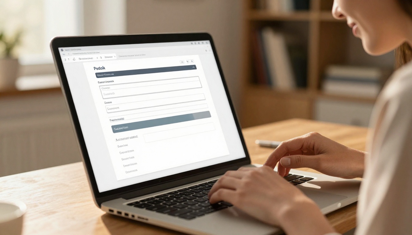 Focused businesswoman uploading a PDF file on a laptop with progress bar visible, warm golden-hour light in a cozy home office