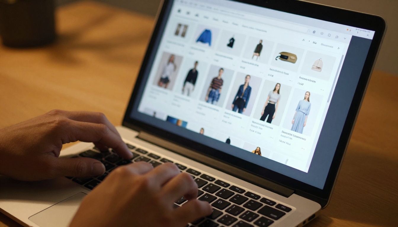 Hands scrolling through a digital product catalog on a laptop Hands scrolling through a digital product catalog on a laptop