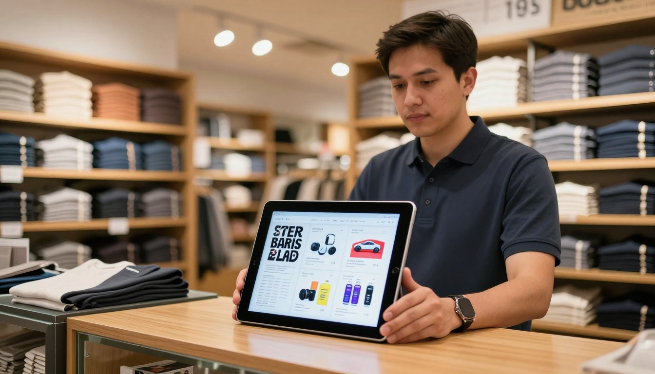 Retail store manager showing digital catalog on tablet at store counter Retail store manager showing digital catalog on tablet at store counter