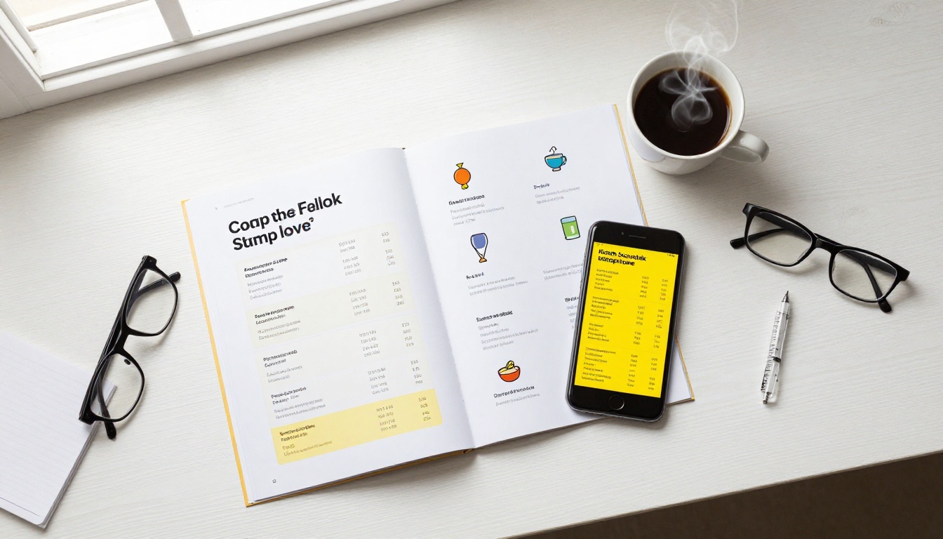 Flat-lay overhead view of printed catalog beside smartphone showing updated digital version Flat-lay overhead view of printed catalog beside smartphone showing updated digital version