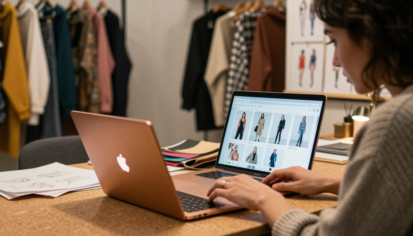 Fashion boutique owner reviewing digital lookbook catalog on rose-gold laptop Fashion boutique owner reviewing digital lookbook catalog on rose-gold laptop