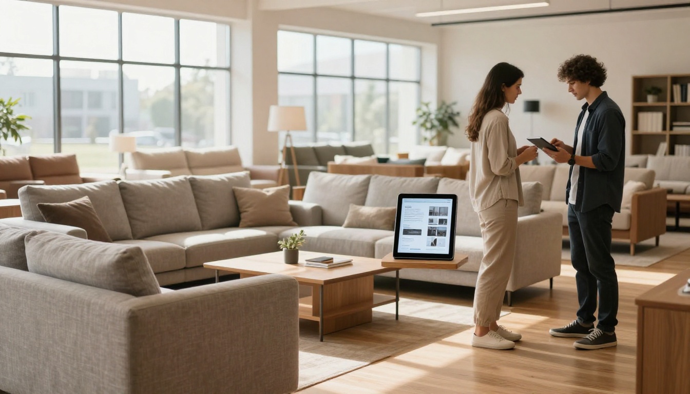 Furniture showroom sales associate showing digital catalog to couple browsing sofas Furniture showroom sales associate showing digital catalog to couple browsing sofas