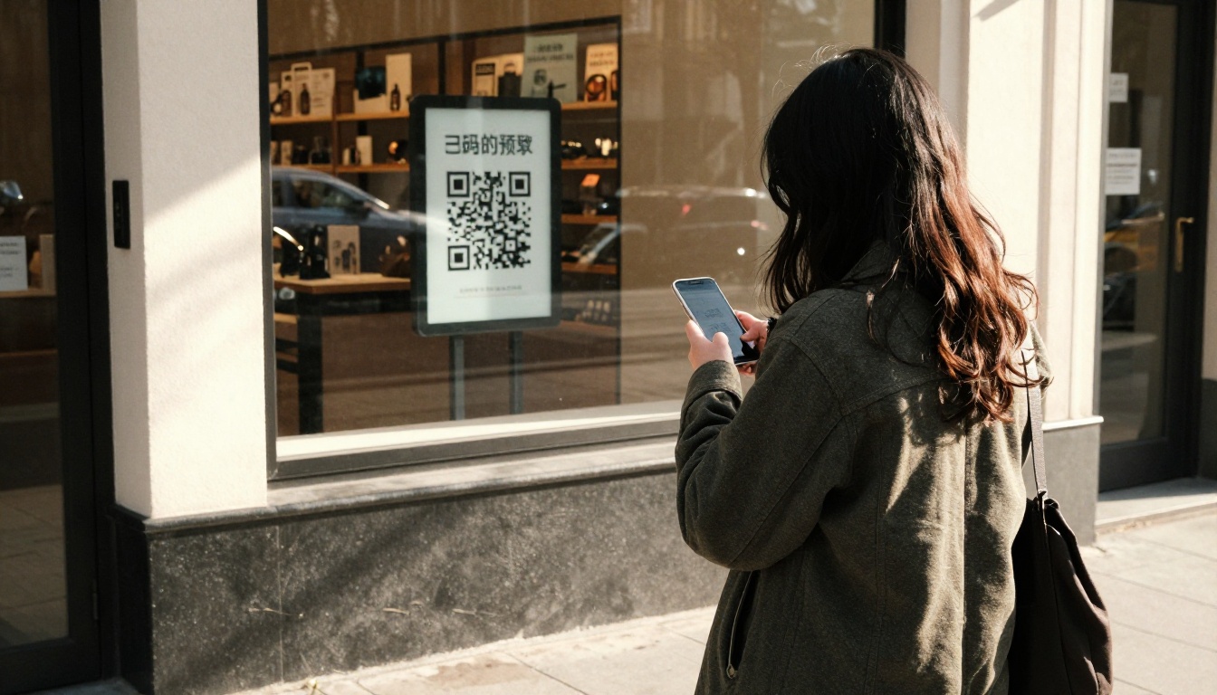 Customer scanning QR code on storefront window to access digital catalog Customer scanning QR code on storefront window to access digital catalog