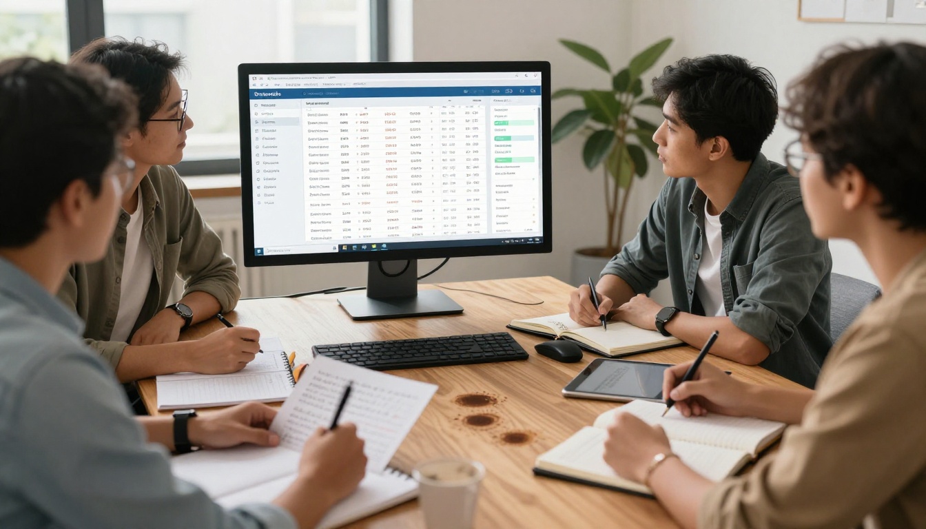 Ecommerce team reviewing digital catalog on large office monitor during team meeting Ecommerce team reviewing digital catalog on large office monitor during team meeting