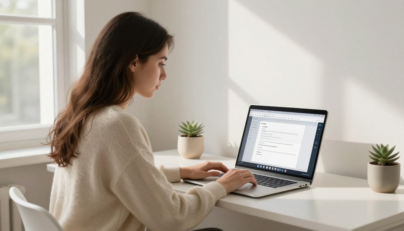Woman uploading a PDF to a free flipbook maker at a clean desk Woman uploading a PDF to a free flipbook maker at a clean desk