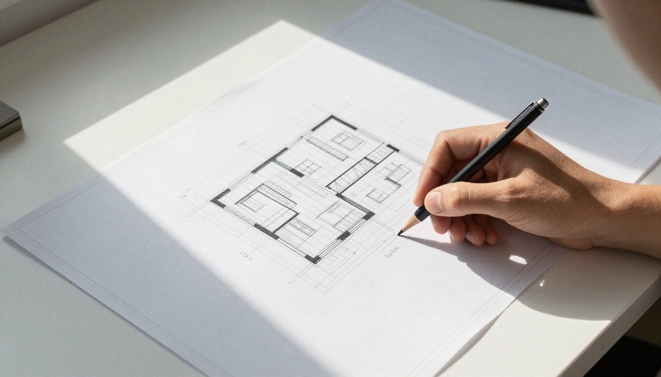 Architectural drawings and blueprints spread across a drafting desk, overhead view Architectural drawings and blueprints spread across a drafting desk, overhead view