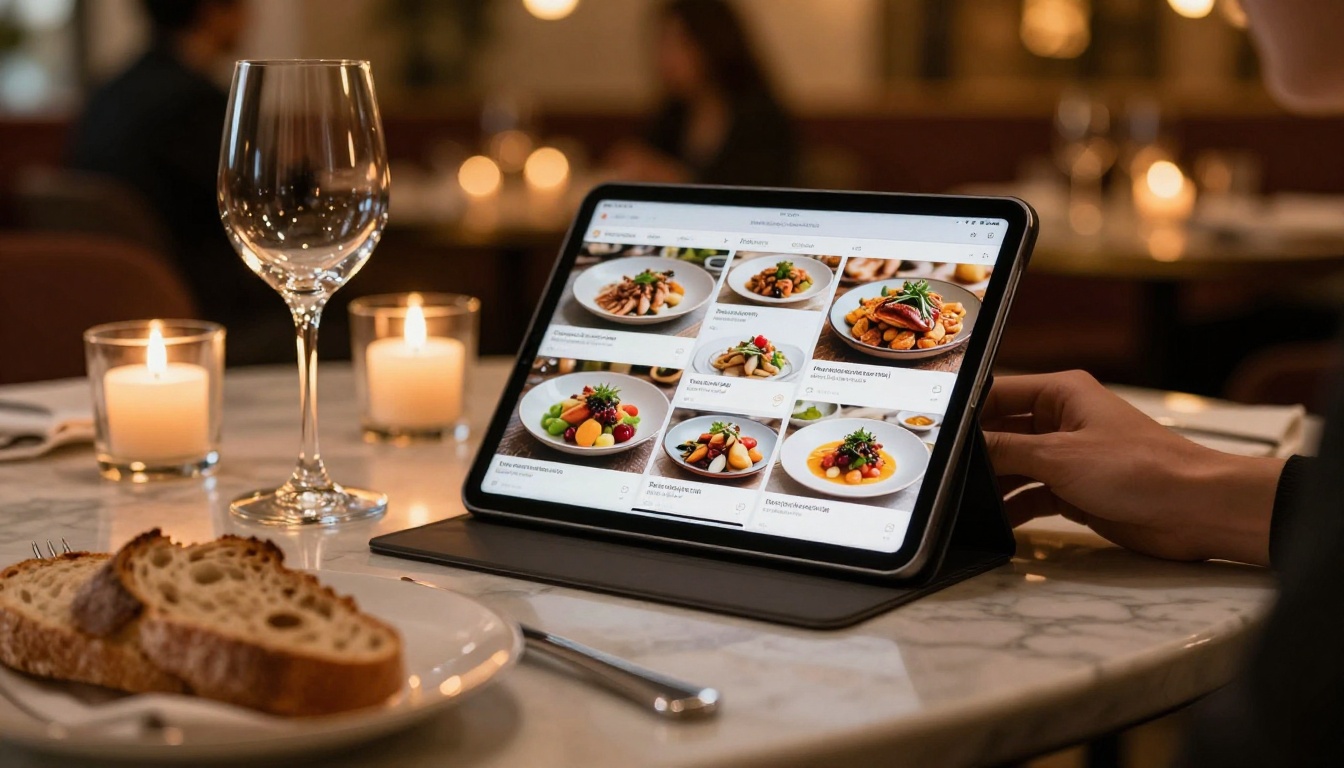 Restaurant digital menu flipbook displayed on an iPad at a candlelit table Restaurant digital menu flipbook displayed on an iPad at a candlelit table