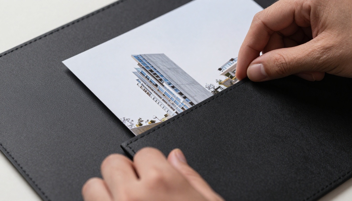 Architect's hands carefully placing printed building photographs into a portfolio sleeve Architect's hands carefully placing printed building photographs into a portfolio sleeve