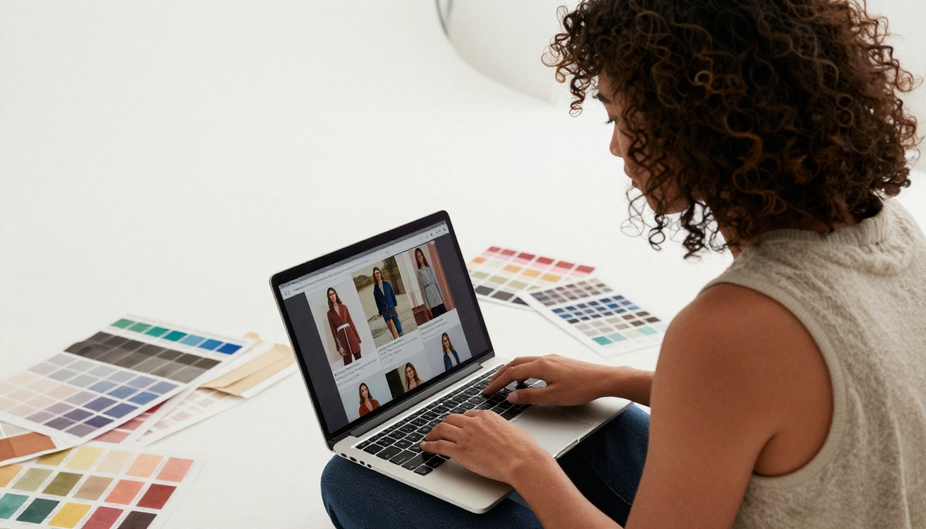 Fashion designer reviewing a digital lookbook on a laptop surrounded by fabric swatches Fashion designer reviewing a digital lookbook on a laptop surrounded by fabric swatches