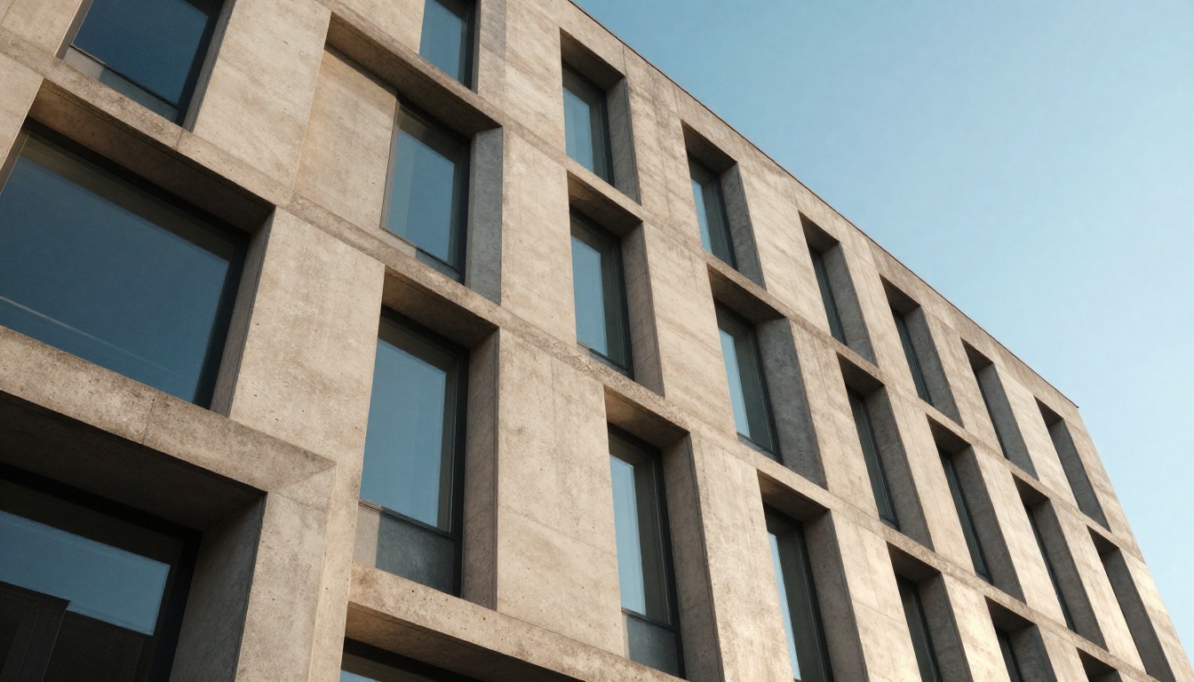 Low-angle architectural photography of striking contemporary building facade with geometric concrete panels Low-angle architectural photography of striking contemporary building facade with geometric concrete panels
