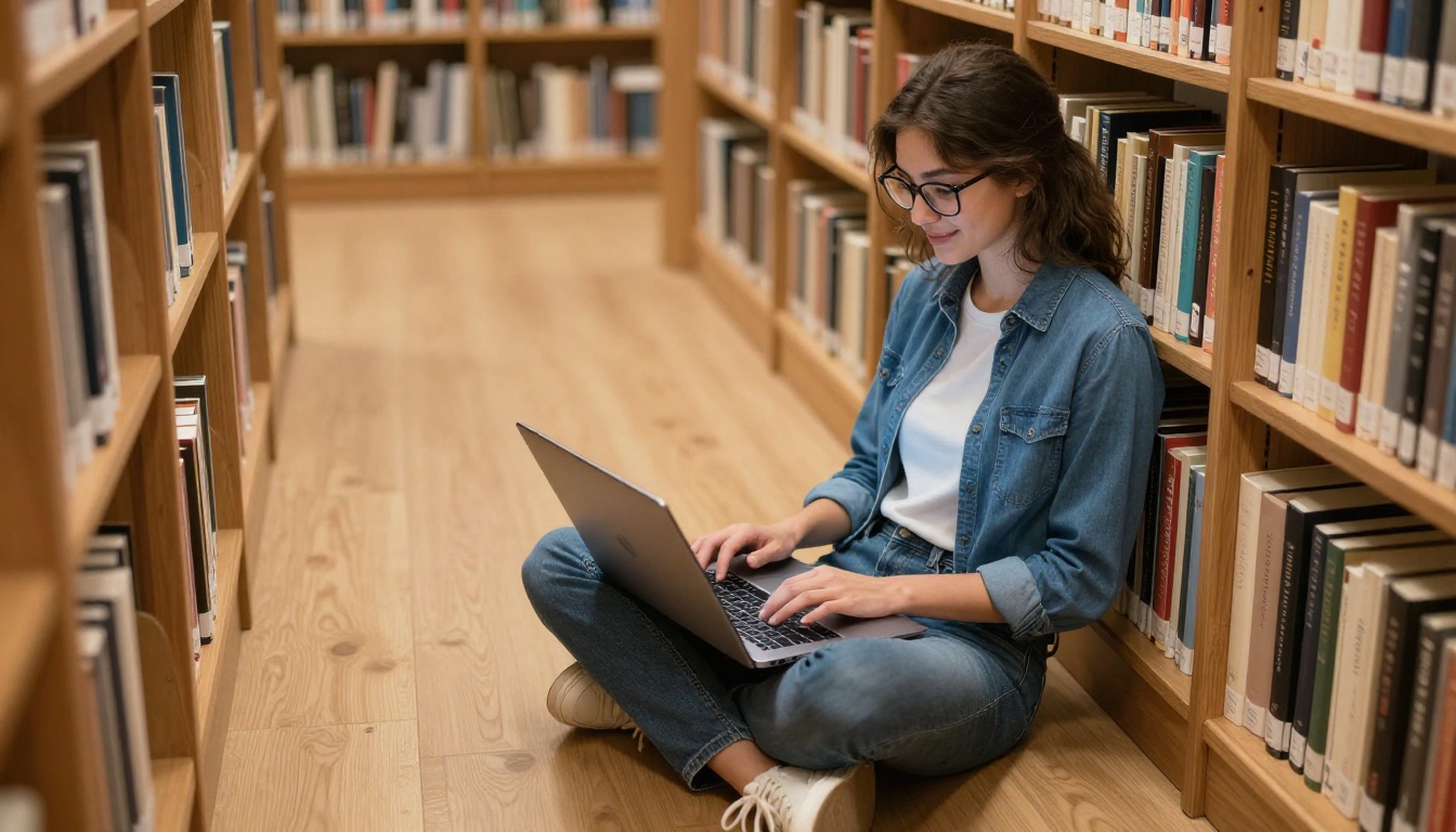 University student reading a digital textbook flipbook on a laptop in a library University student reading a digital textbook flipbook on a laptop in a library