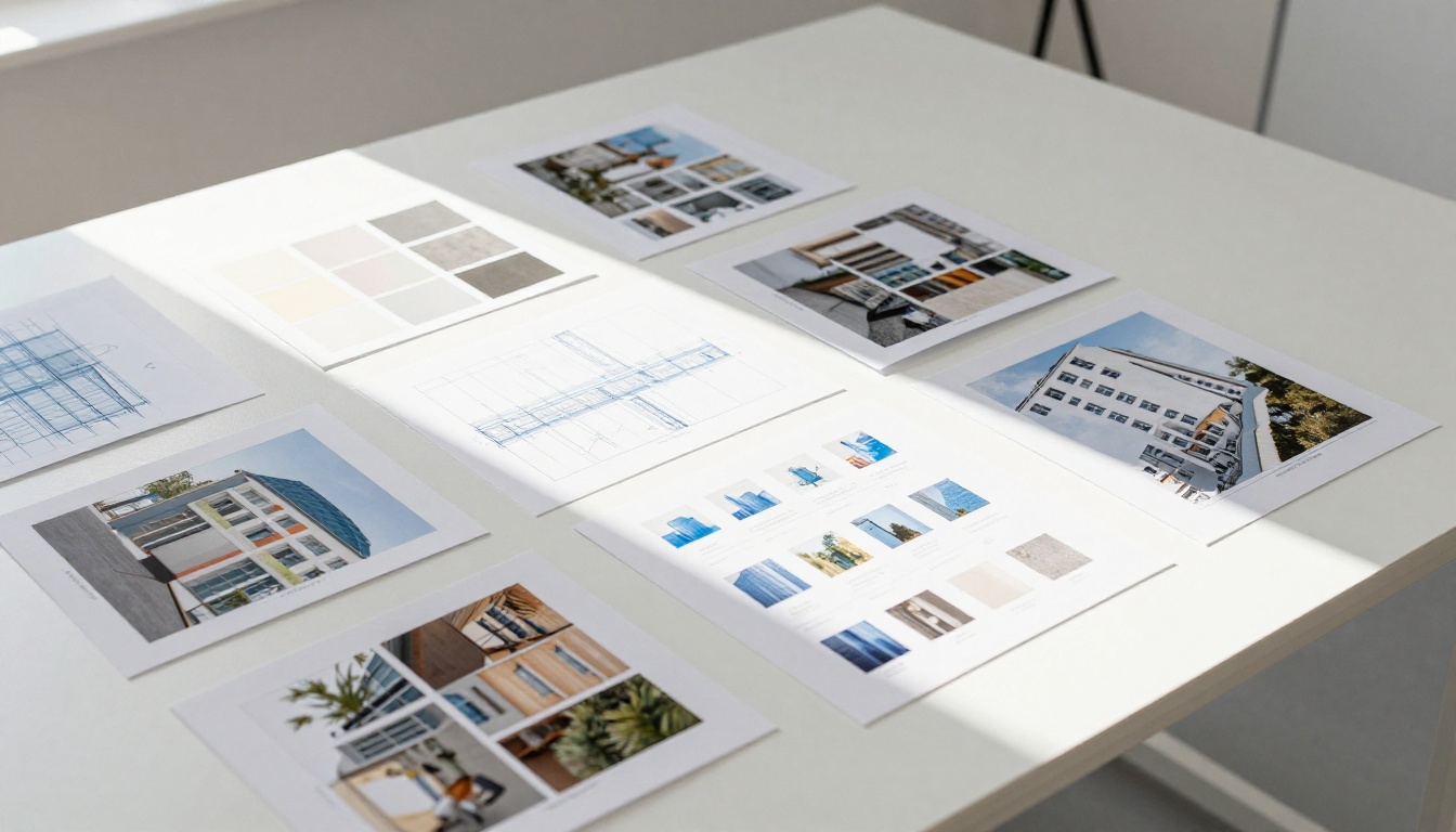 Architect arranging printed project sheets and mood board materials across a wide studio table Architect arranging printed project sheets and mood board materials across a wide studio table