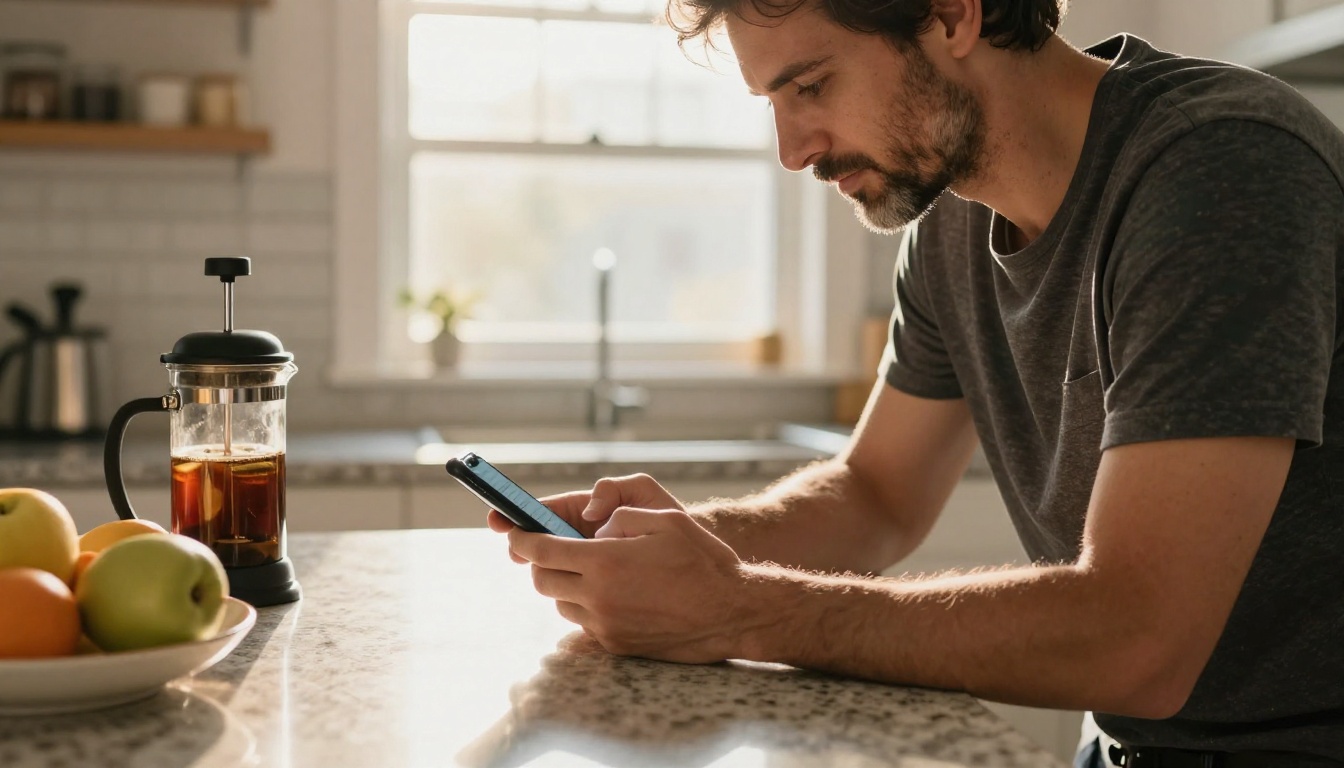 Man browsing a digital recipe book flipbook on his smartphone in the kitchen Man browsing a digital recipe book flipbook on his smartphone in the kitchen