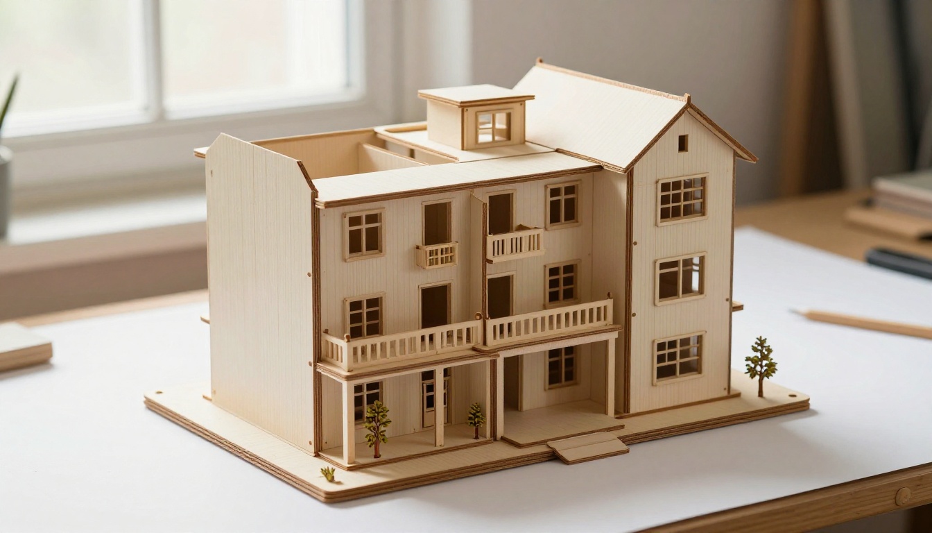 Detailed architectural scale model of a multi-story residential building on a white drafting table Detailed architectural scale model of a multi-story residential building on a white drafting table