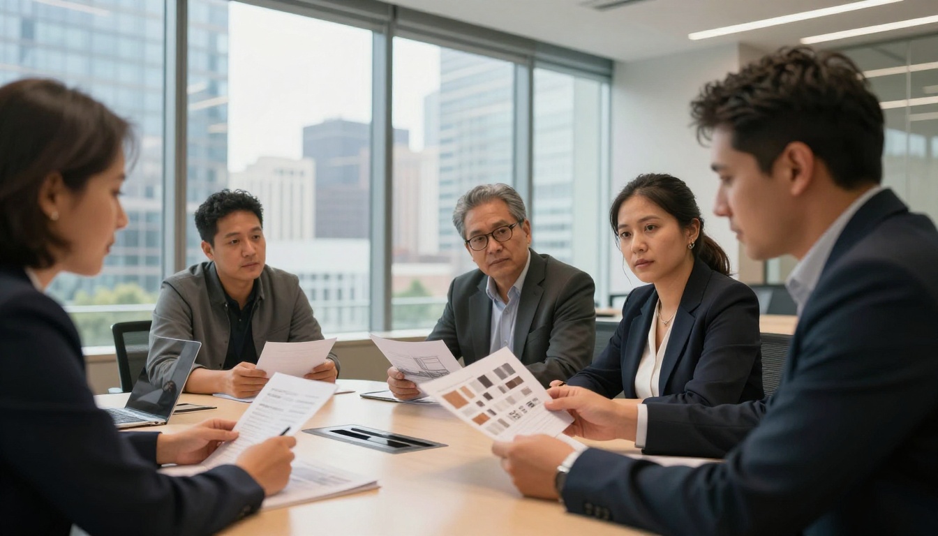 Two architects presenting portfolio to clients in a modern meeting room with city skyline views Two architects presenting portfolio to clients in a modern meeting room with city skyline views