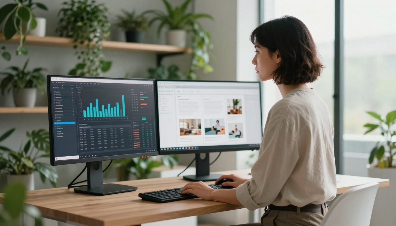 Entrepreneur analyzing flipbook performance analytics on dual monitors at a standing desk Entrepreneur analyzing flipbook performance analytics on dual monitors at a standing desk