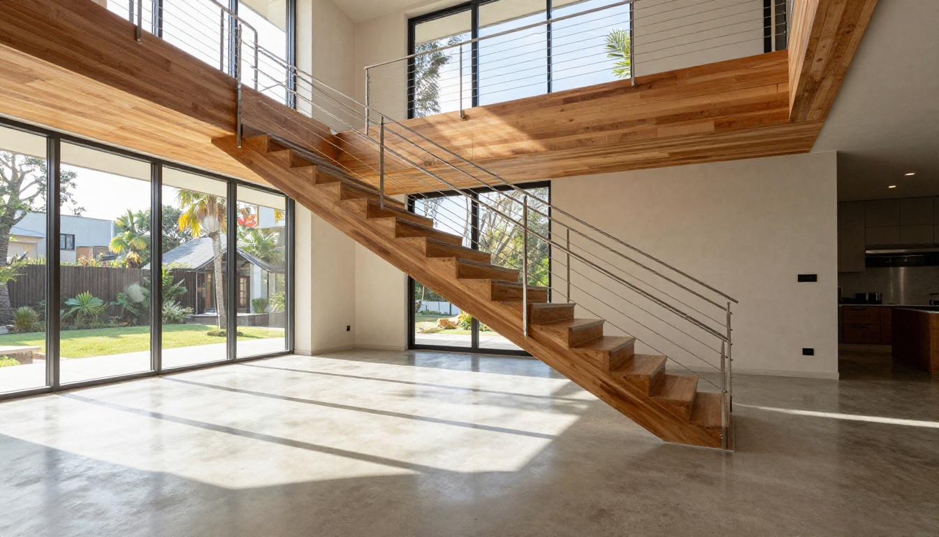 Interior of a beautifully designed modern home with polished concrete floors and floating staircase Interior of a beautifully designed modern home with polished concrete floors and floating staircase