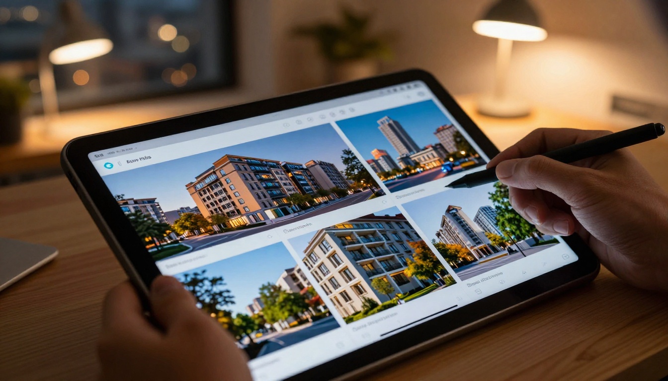 Architect's hand scrolling through digital portfolio on a tablet at dusk in a studio office Architect's hand scrolling through digital portfolio on a tablet at dusk in a studio office