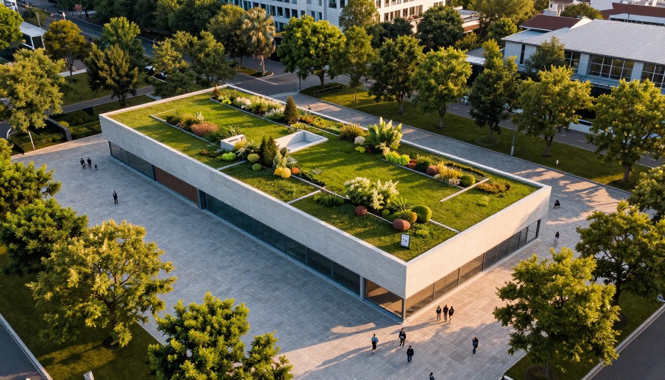 Aerial drone photograph of a completed contemporary community center with green roof garden and public plaza Aerial drone photograph of a completed contemporary community center with green roof garden and public plaza