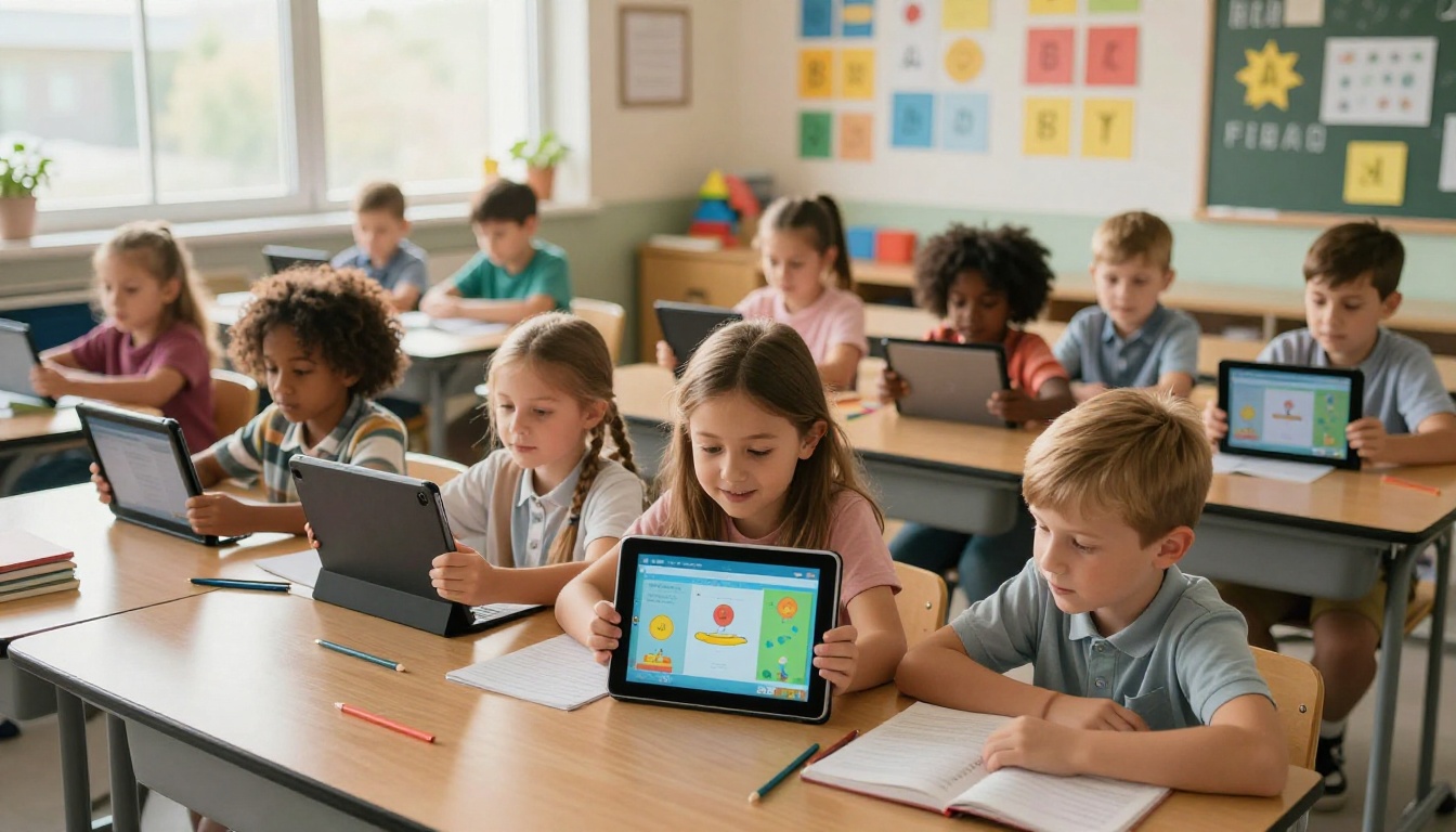 Students reading interactive digital flipbooks on tablets in a bright classroom Students reading interactive digital flipbooks on tablets in a bright classroom