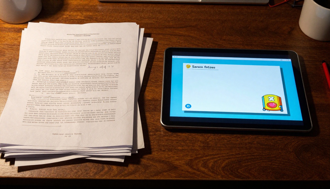 Teacher comparing printed handouts versus a digital tablet flipbook on a desk Teacher comparing printed handouts versus a digital tablet flipbook on a desk