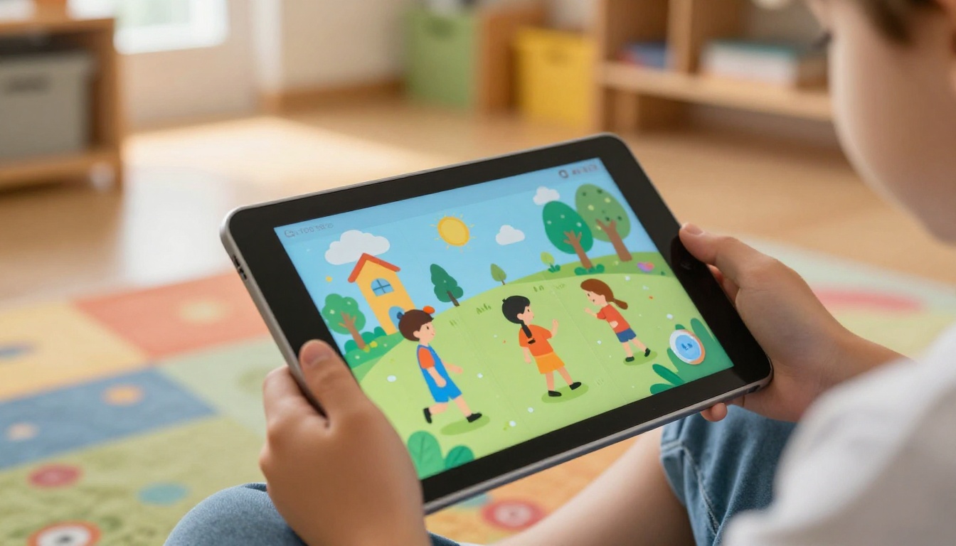 Child's hands holding a tablet showing a colorful interactive digital flipbook page Child's hands holding a tablet showing a colorful interactive digital flipbook page