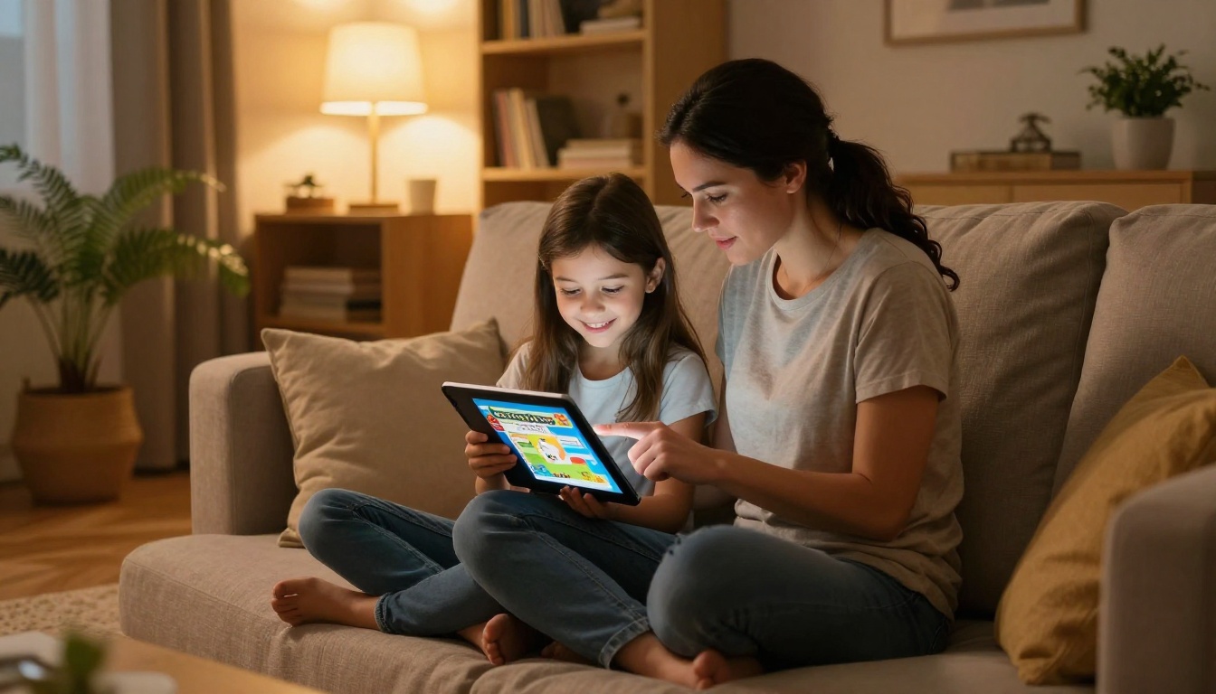 Parent and child reviewing a school newsletter flipbook together on a sofa at home Parent and child reviewing a school newsletter flipbook together on a sofa at home