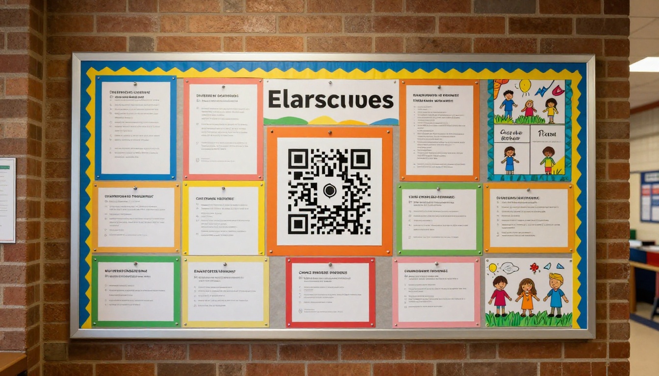 School hallway bulletin board with a QR code for digital classroom resources School hallway bulletin board with a QR code for digital classroom resources