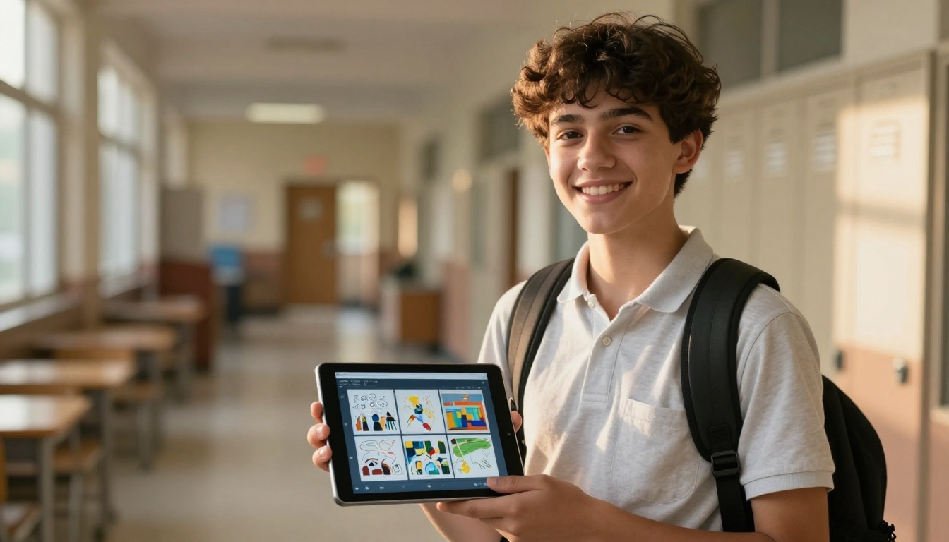 Teenage student proudly showing a digital portfolio flipbook on a tablet in school hallway Teenage student proudly showing a digital portfolio flipbook on a tablet in school hallway
