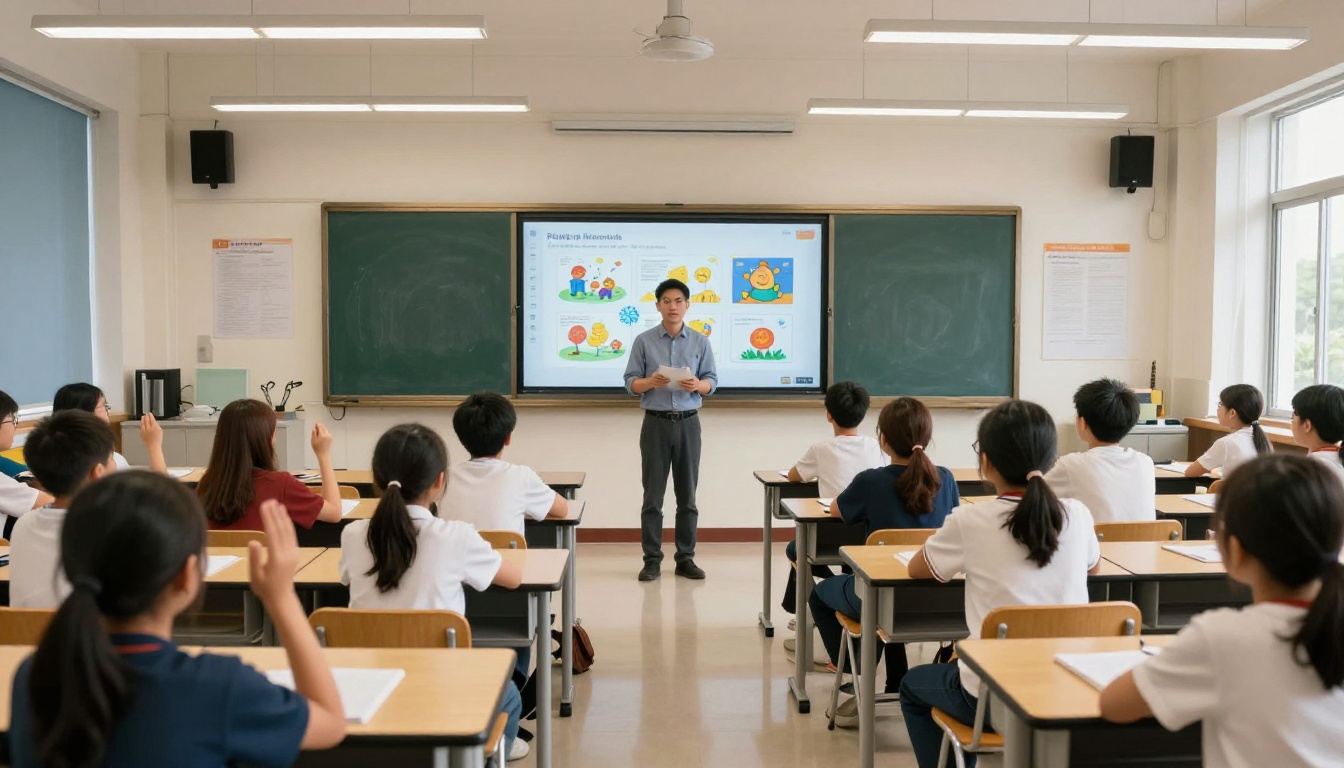 Male teacher presenting a digital flipbook lesson on a smart board to a classroom of students Male teacher presenting a digital flipbook lesson on a smart board to a classroom of students