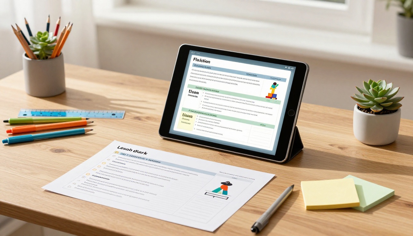 Aerial flat lay of a teacher's desk with a printed lesson plan beside a tablet showing the same content as a digital flipbook Aerial flat lay of a teacher's desk with a printed lesson plan beside a tablet showing the same content as a digital flipbook