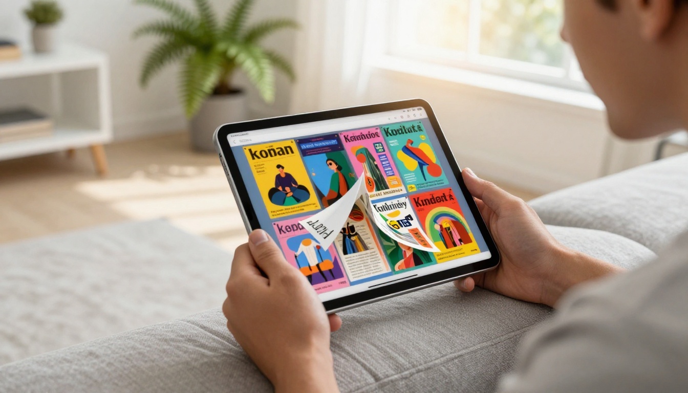 Young man holding iPad displaying vibrant flipbook with page-curl animation Young man holding iPad displaying vibrant flipbook with page-curl animation