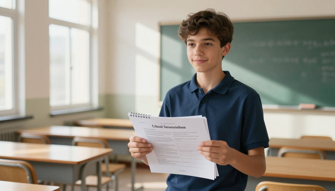 Student confidently holding a polished school project report in a bright modern classroom Student confidently holding a polished school project report in a bright modern classroom