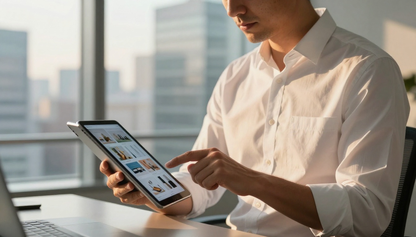 Business executive presenting interactive digital product catalog on tablet in modern high-rise office