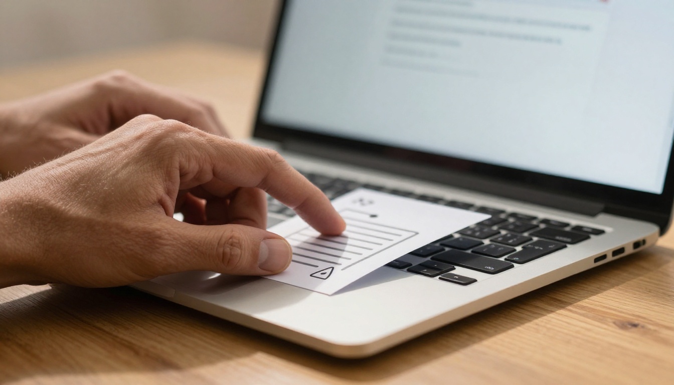 Hands uploading a PDF document to a browser upload interface on a laptop keyboard