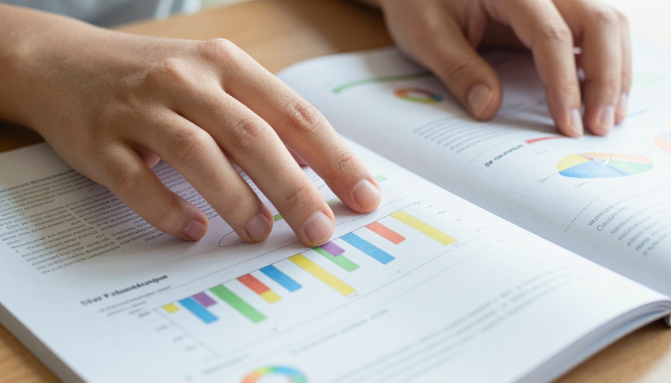 Close-up of student hands gently flipping through a colorful printed school project with charts and diagrams Close-up of student hands gently flipping through a colorful printed school project with charts and diagrams