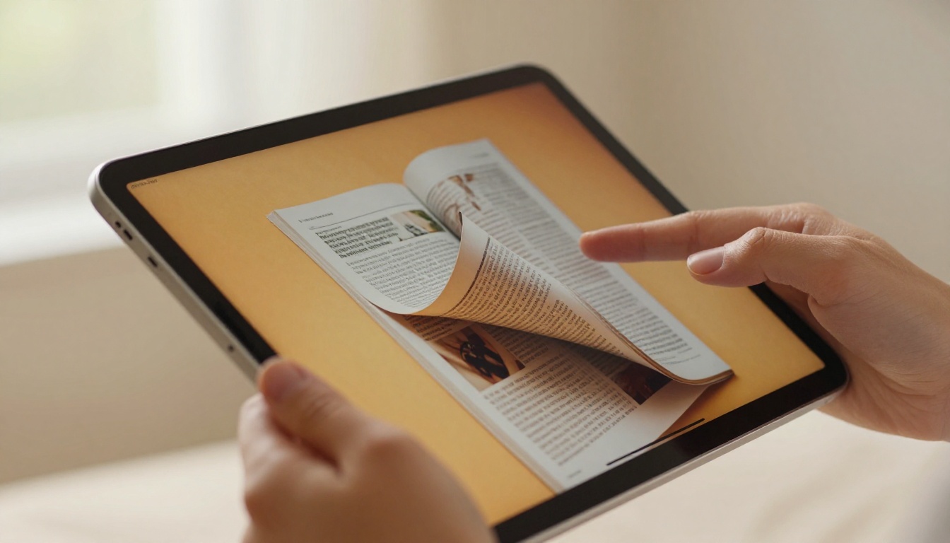 iPad Pro displaying a vivid digital magazine flipbook with a page mid-curl in realistic paper-fold animation