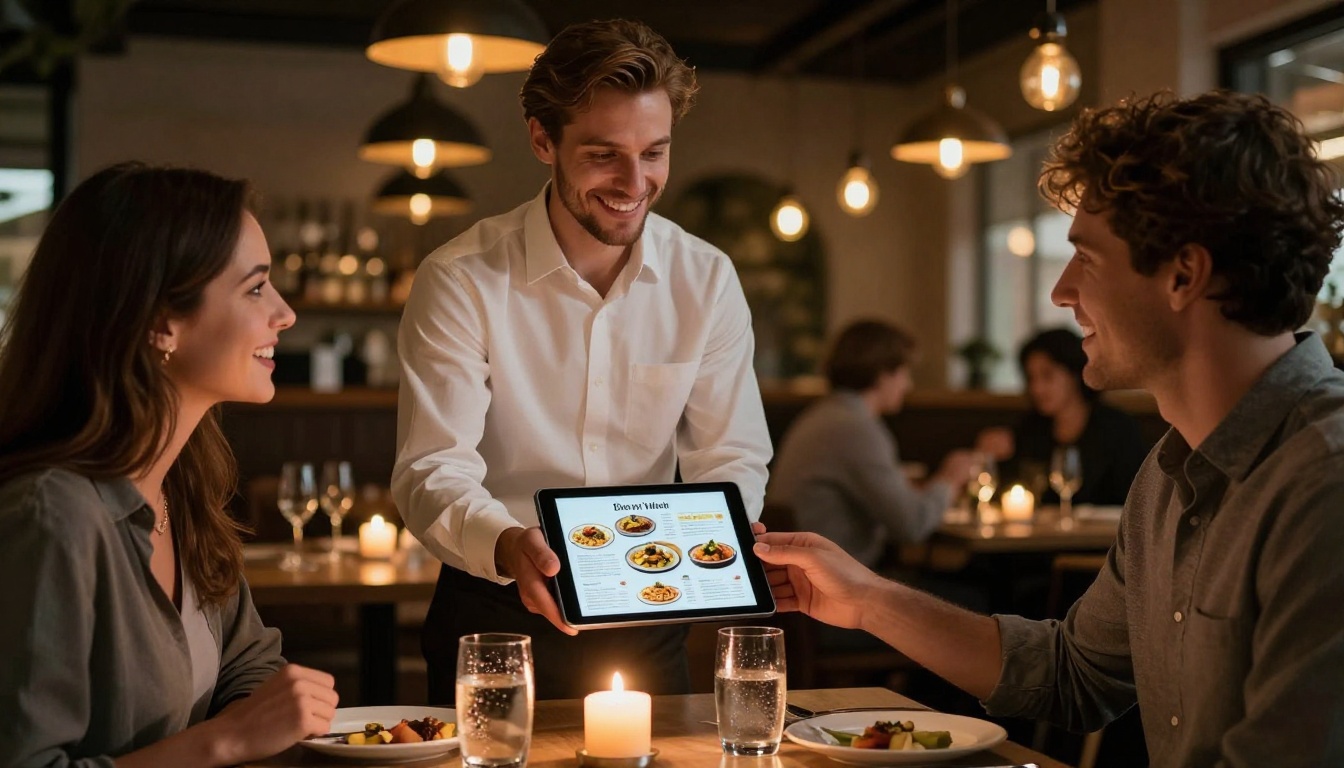 Restaurant waiter presenting digital menu flipbook on tablet to guests at candlelit table Restaurant waiter presenting digital menu flipbook on tablet to guests at candlelit table