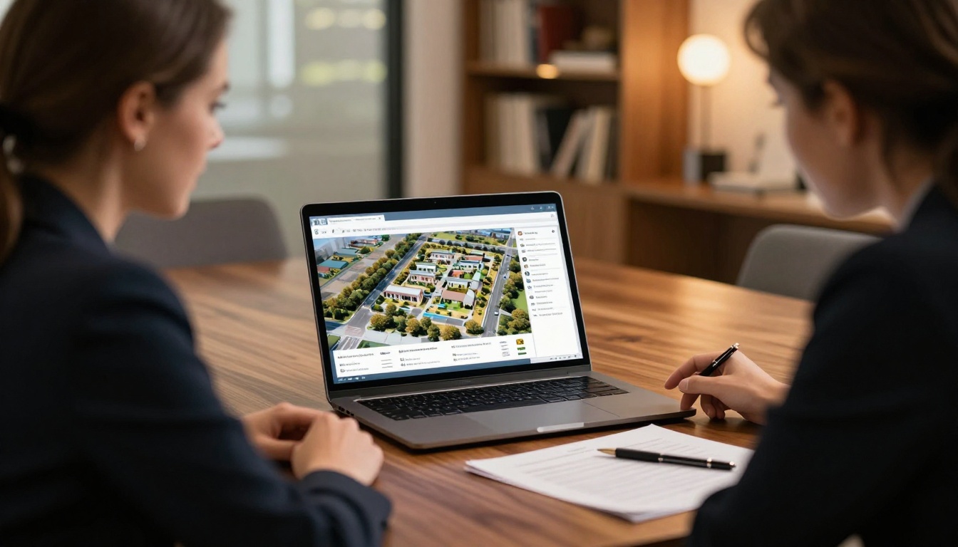Real estate agent presenting interactive digital brochure to clients on laptop at walnut conference table