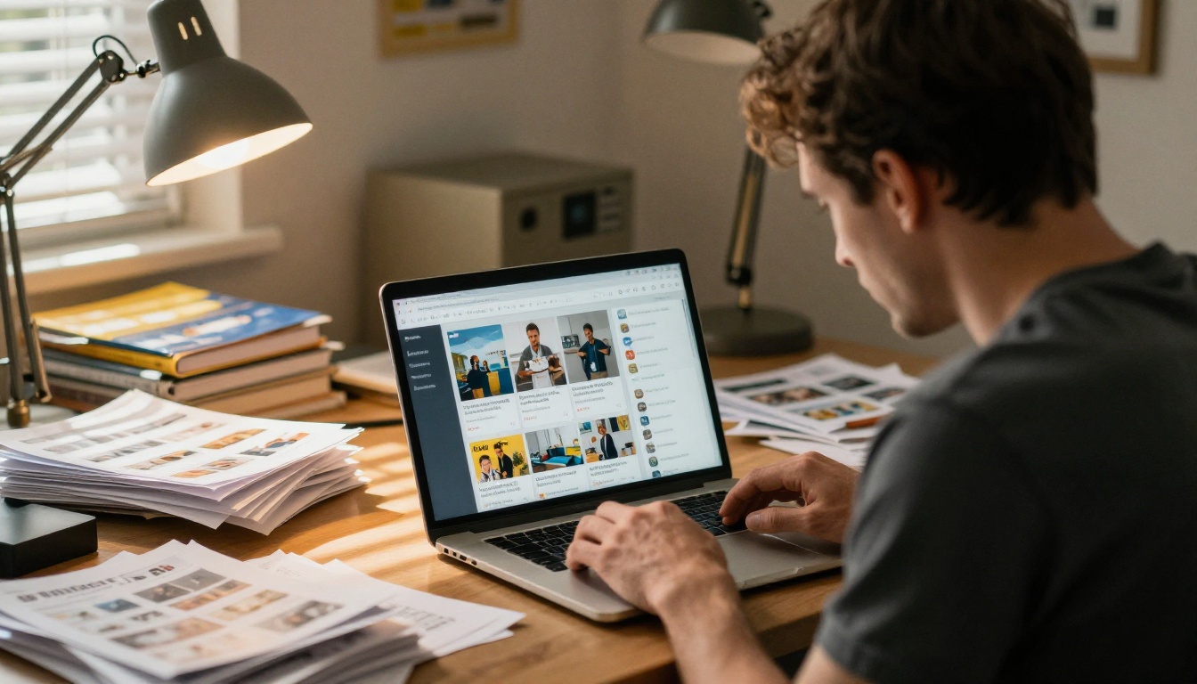 A small business owner comparing stacks of printed catalogs to a clean digital catalog on a laptop