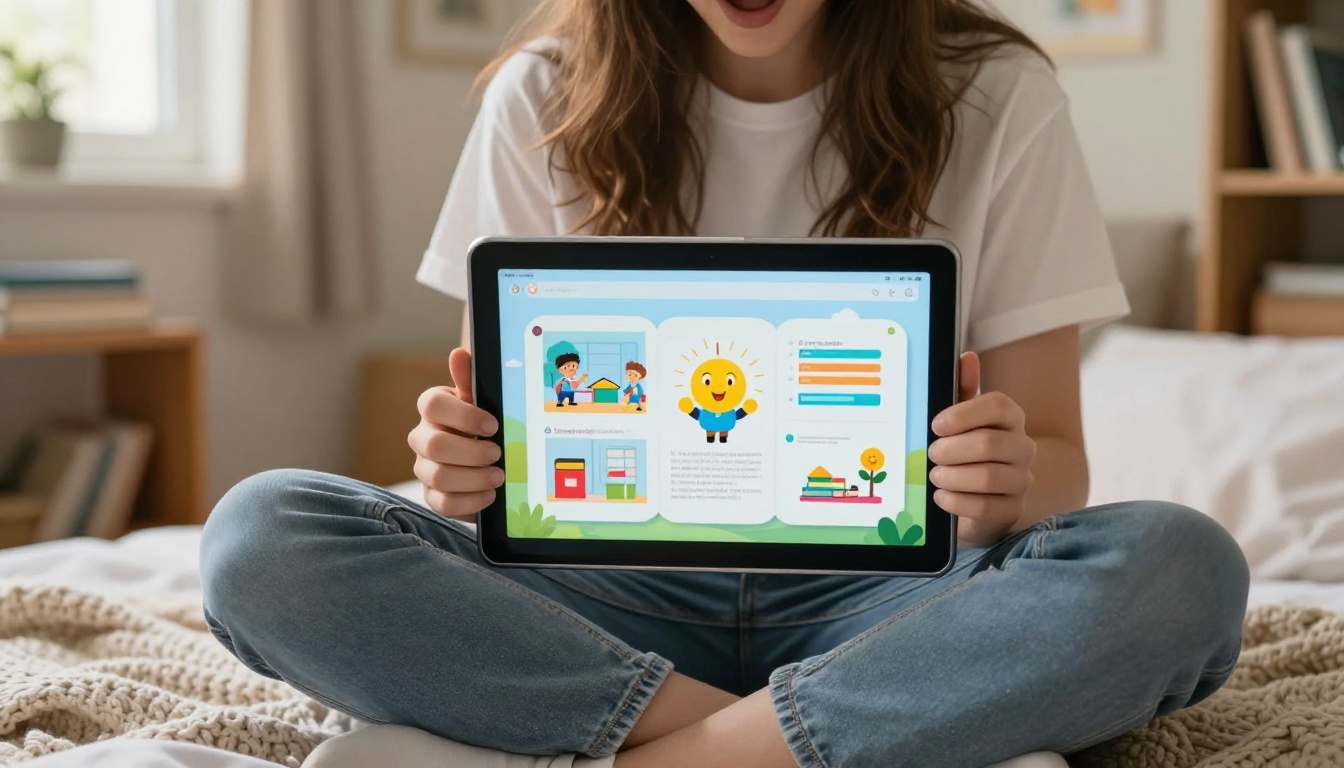 Female student excitedly viewing her school project as an interactive digital flipbook on a tablet Female student excitedly viewing her school project as an interactive digital flipbook on a tablet