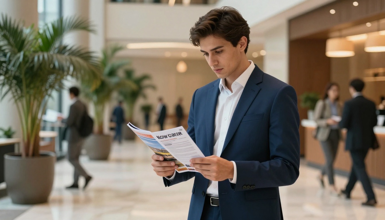Man standing in a modern city lobby holding a printed brochure with a disengaged expression Man standing in a modern city lobby holding a printed brochure with a disengaged expression
