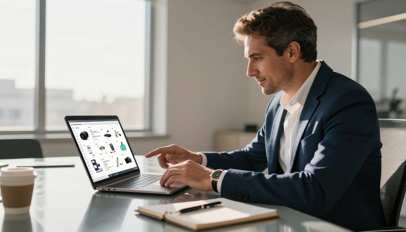 Confident business professional reviewing a digital product catalog on a large silver laptop in a modern office with morning light