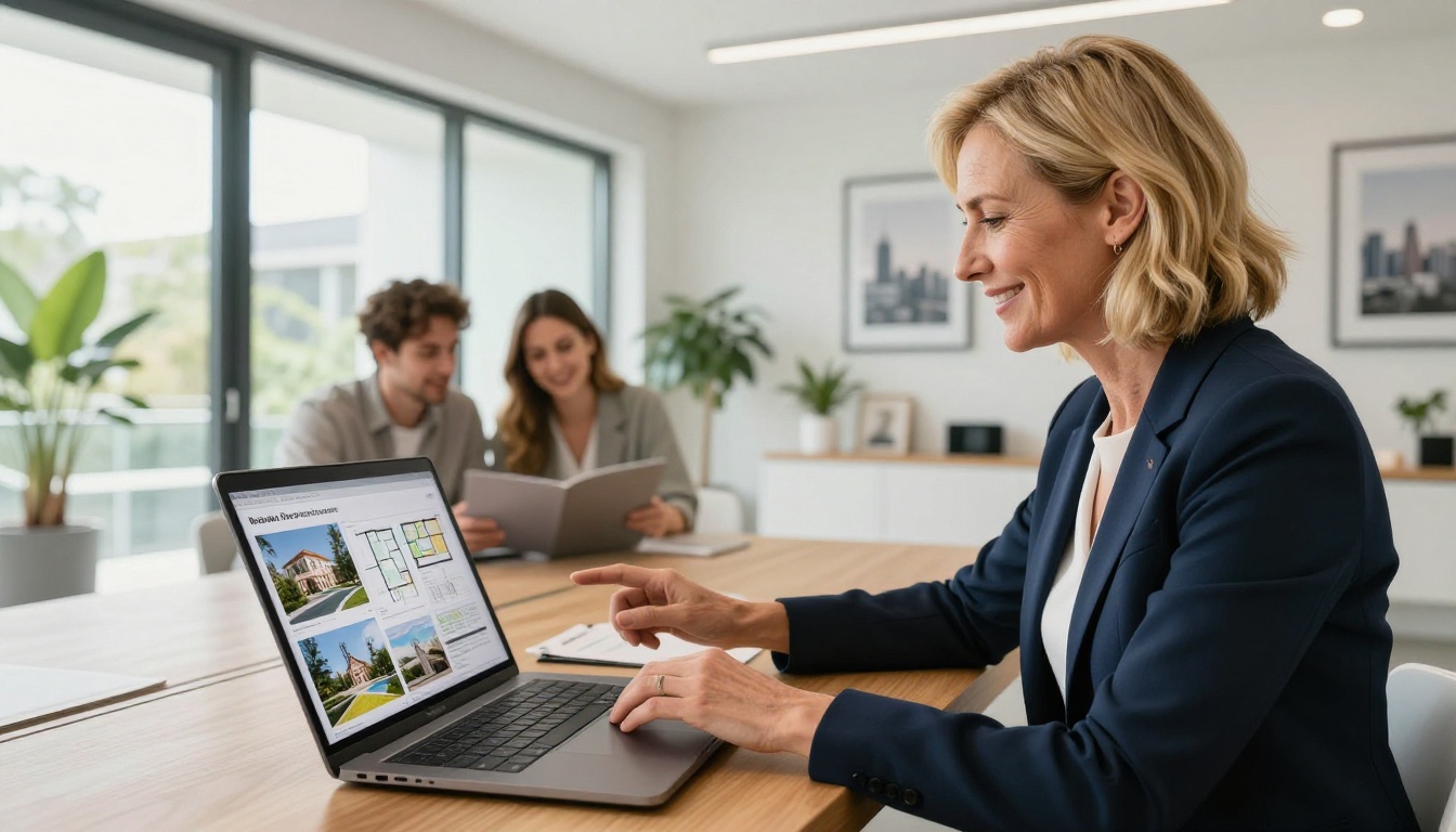 Real estate agent showing property flipbook to couple on laptop in bright office Real estate agent showing property flipbook to couple on laptop in bright office