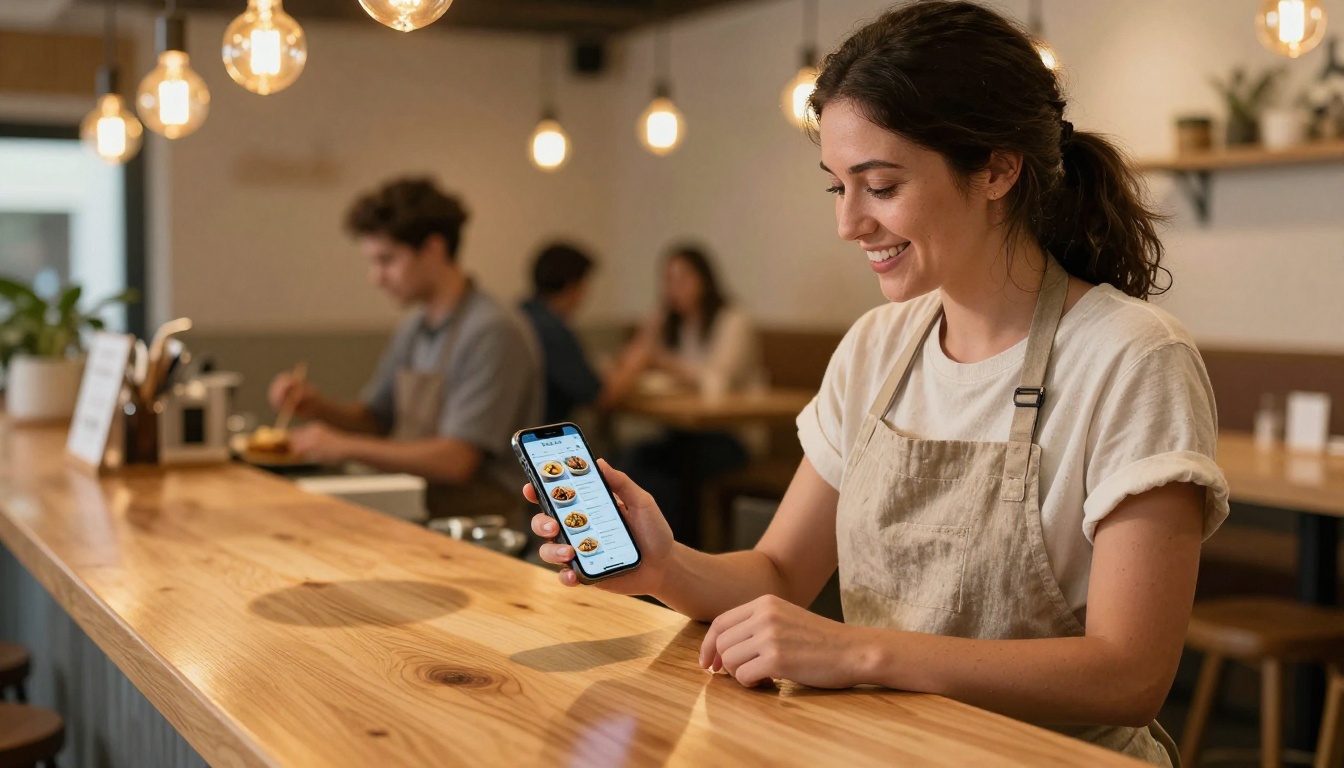Restaurant owner holding smartphone with digital menu flipbook at warm lit restaurant counter