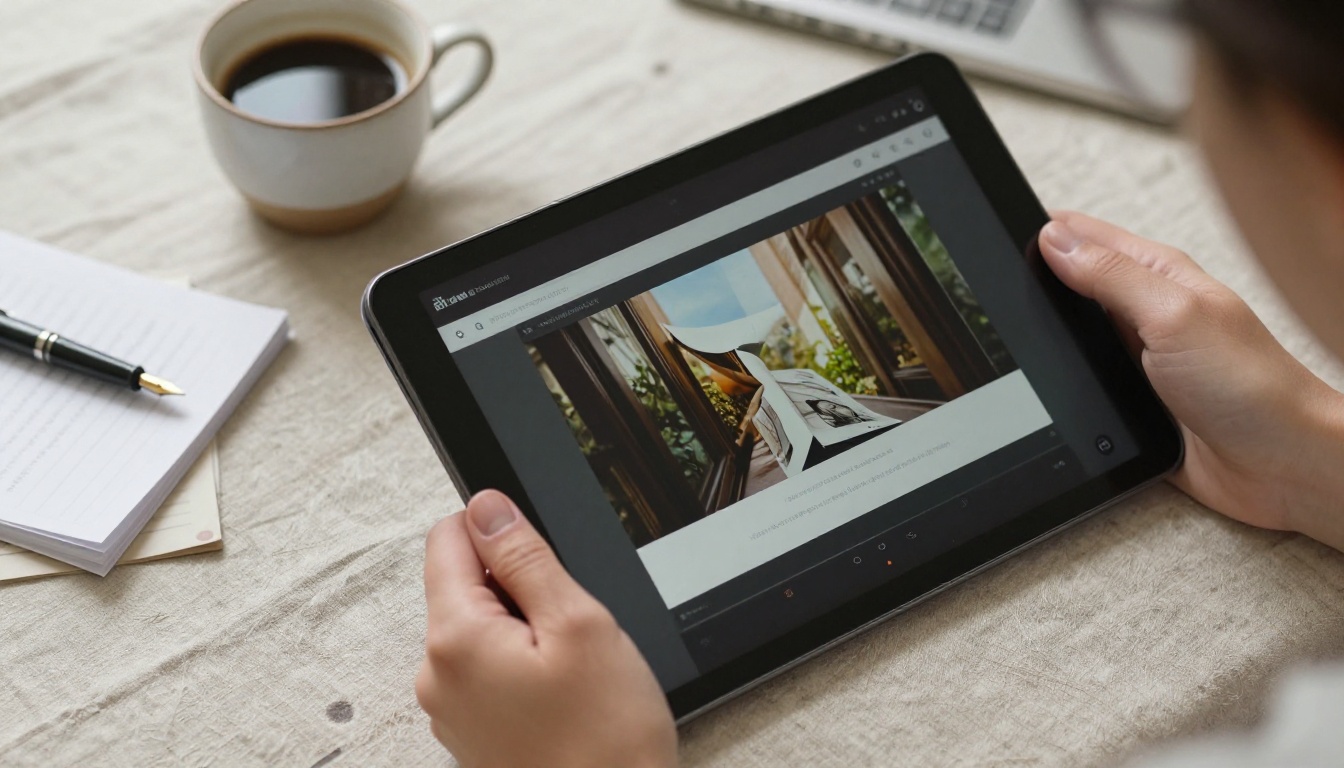 Close-up of hands holding a tablet displaying a digital flipbook with a mid-page curl effect Close-up of hands holding a tablet displaying a digital flipbook with a mid-page curl effect