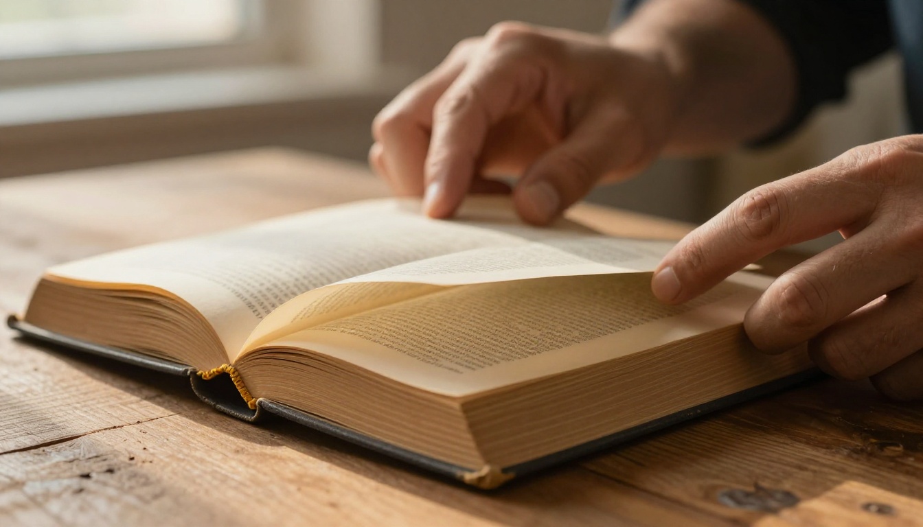 Hands turning the pages of a worn hardcover book with warm morning light Hands turning the pages of a worn hardcover book with warm morning light